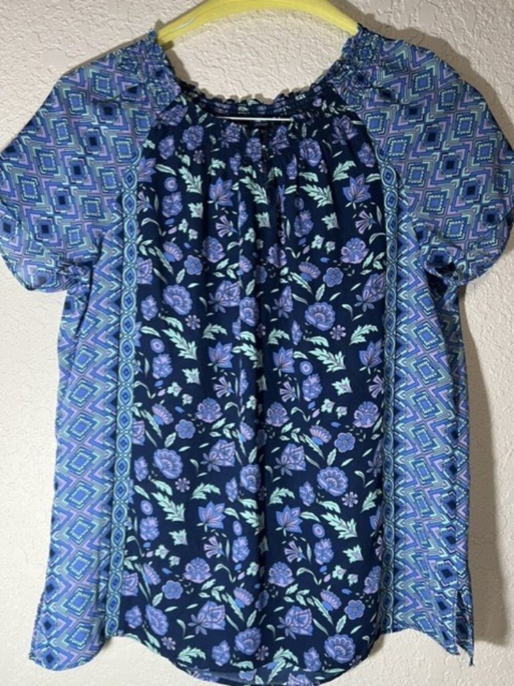 Talbots Sheet Blue Aqua Print Top Short Sleeve Size S #2109